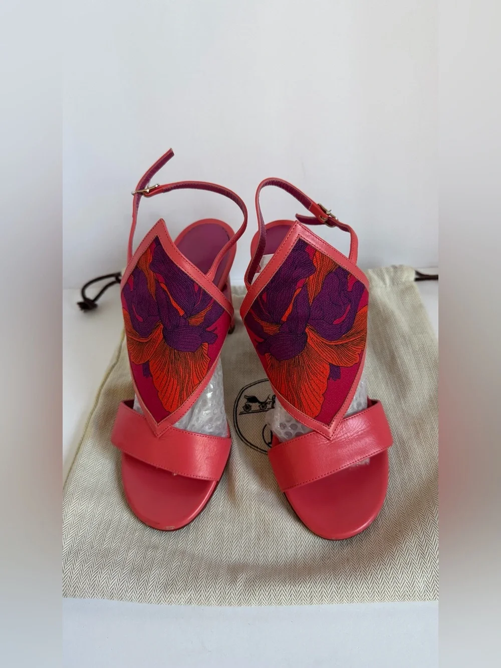 Hermes Women's Coral Pink Embroidered High Heel Sandals